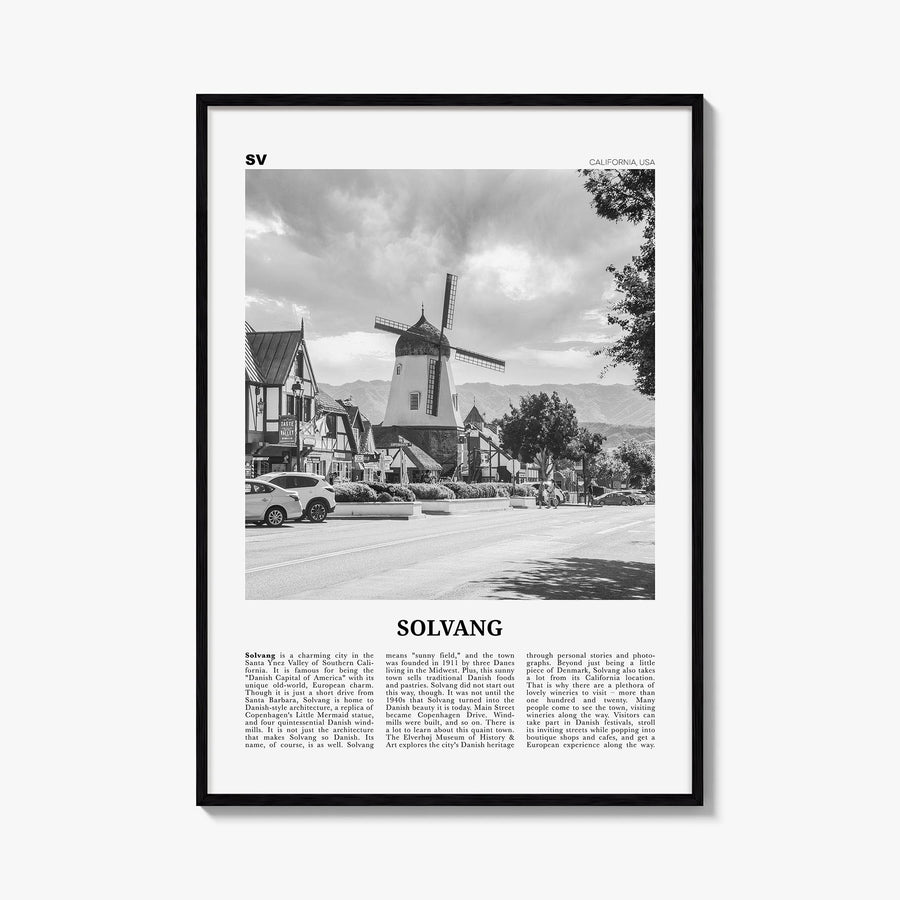 Solvang black & white newspaper poster of California, USA – vertical wall art, unframed print shown in interior mockup