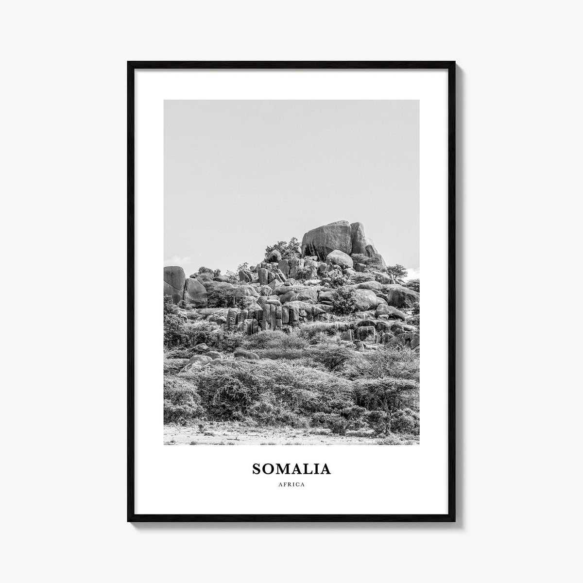 Somalia black & white classic poster of Africa – vertical wall art, unframed print shown in interior mockup