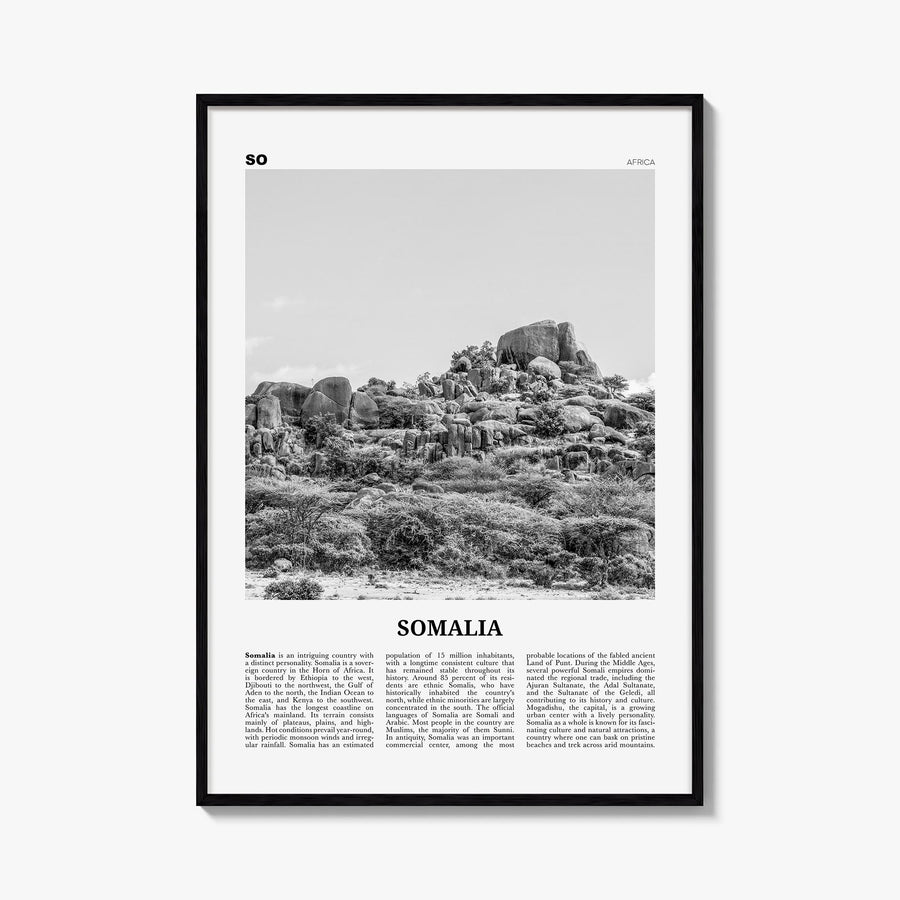 Somalia black & white newspaper poster of Africa – vertical wall art, unframed print shown in interior mockup