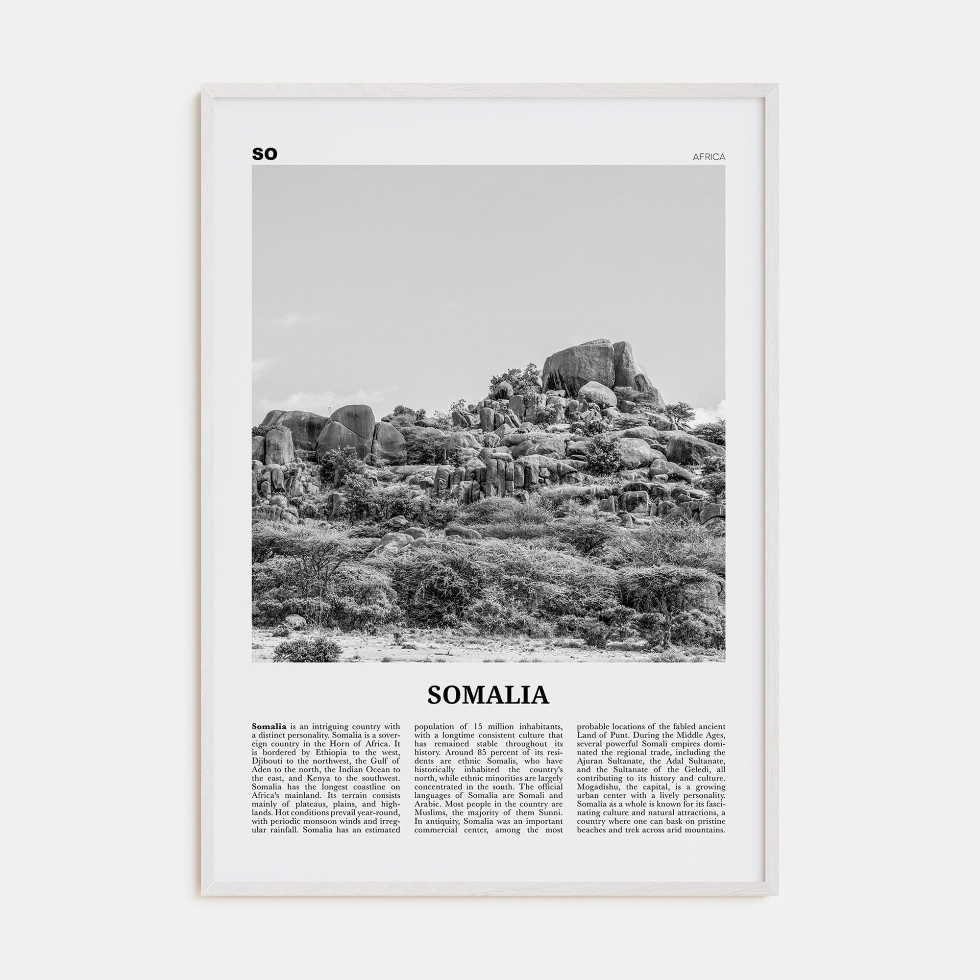 Somalia Poster White Wood / 8x12 in Nbourhood Travel B&W Poster