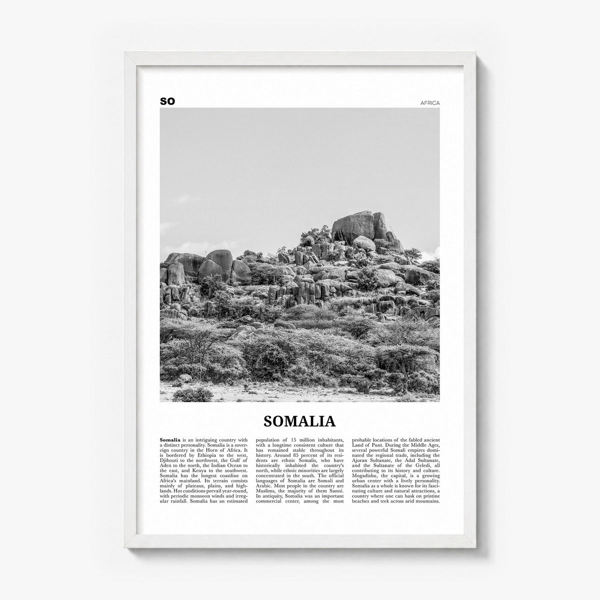 Somalia Newspaper Poster in a white wood frame