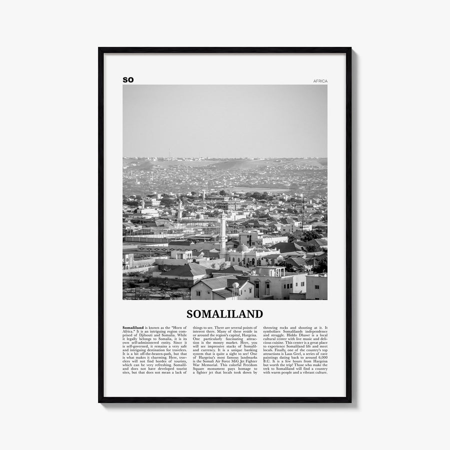 Somaliland black & white newspaper poster of Africa – vertical wall art, unframed print shown in interior mockup