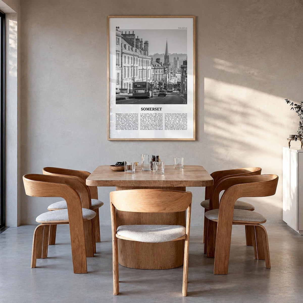 Somerset black & white newspaper poster of New Jersey, USA – vertical wall art in natural wood frame, hanging on wall