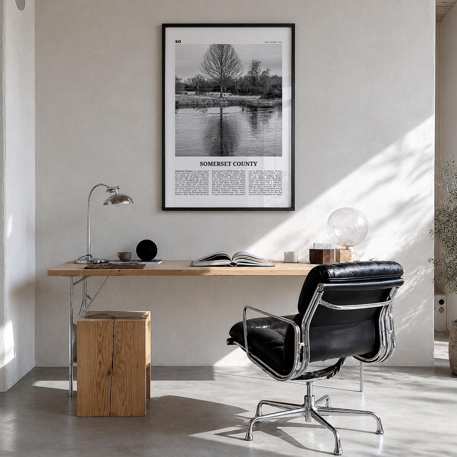 Somerset County black & white newspaper poster of New Jersey, USA – vertical wall art in black wood frame, hanging on wall