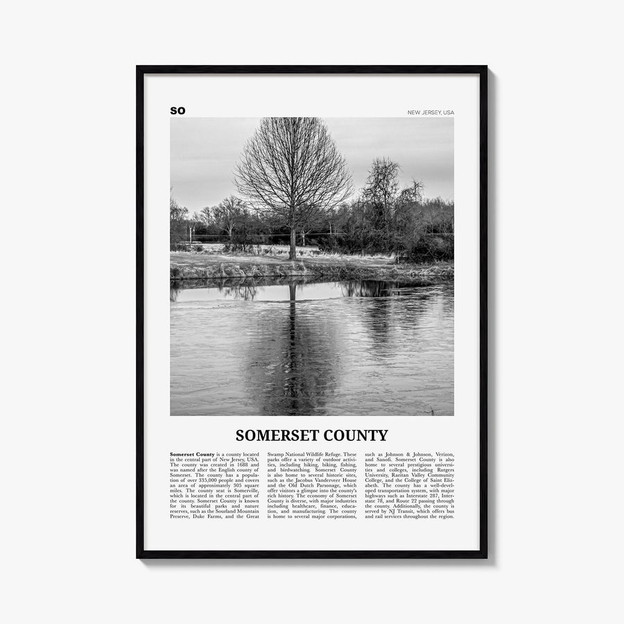 Somerset County black & white newspaper poster of New Jersey, USA – vertical wall art, unframed print shown in interior mocku
