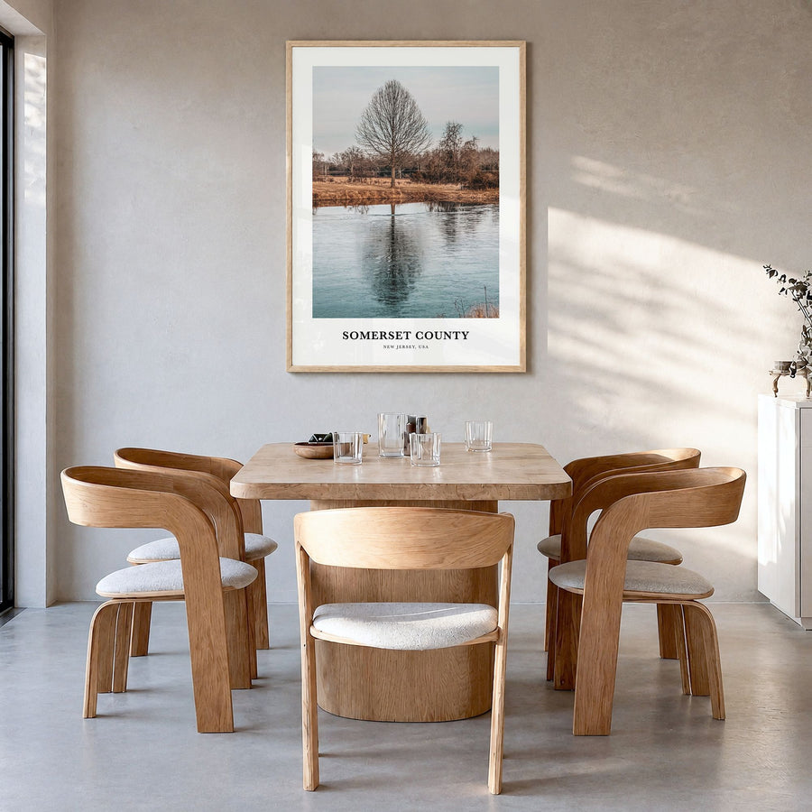 Somerset County Classic Poster in a natural wood frame, hanging in a dining room