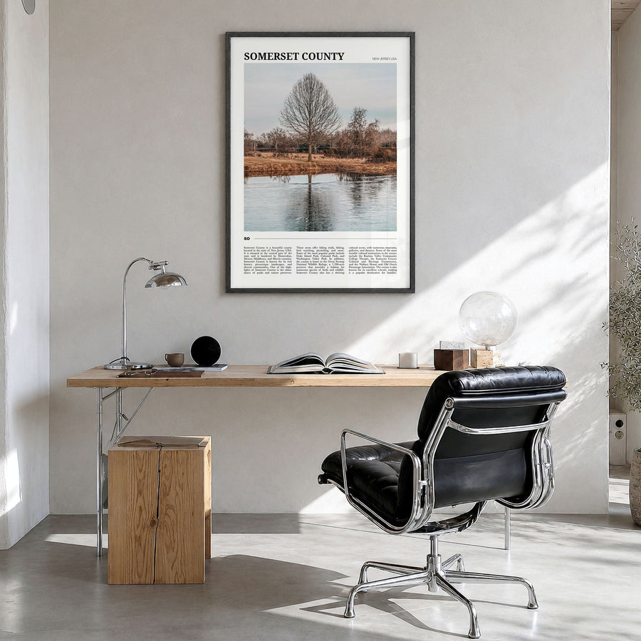 Somerset County Travel Poster in a black wood frame, hanging in a bright home office