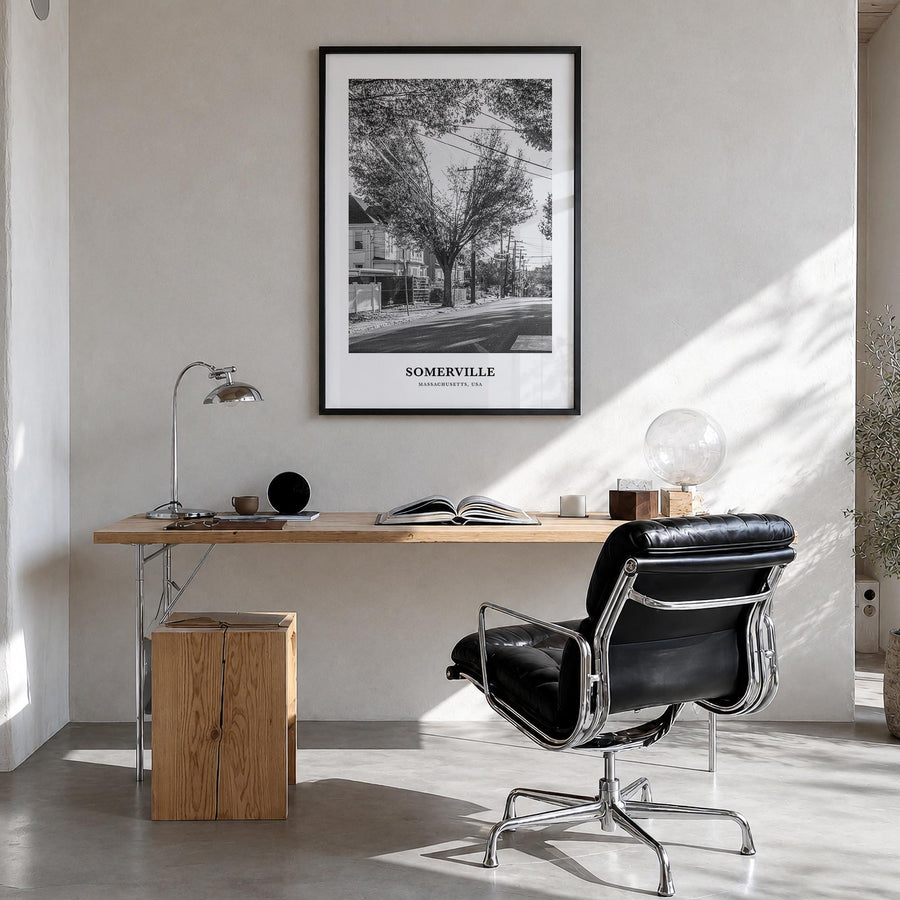 Somerville black & white classic poster of Massachusetts, USA – vertical wall art in black wood frame, hanging on wall