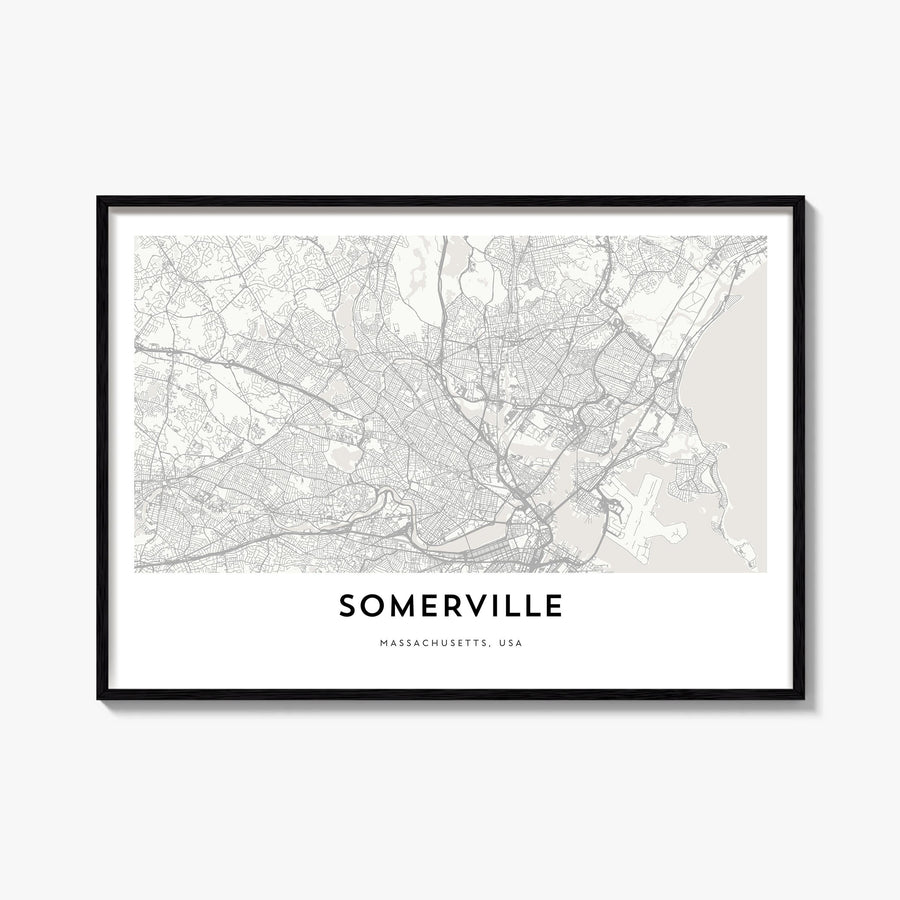 Somerville black & white map poster of Massachusetts, USA – horizontal wall art, unframed print shown in interior mockup
