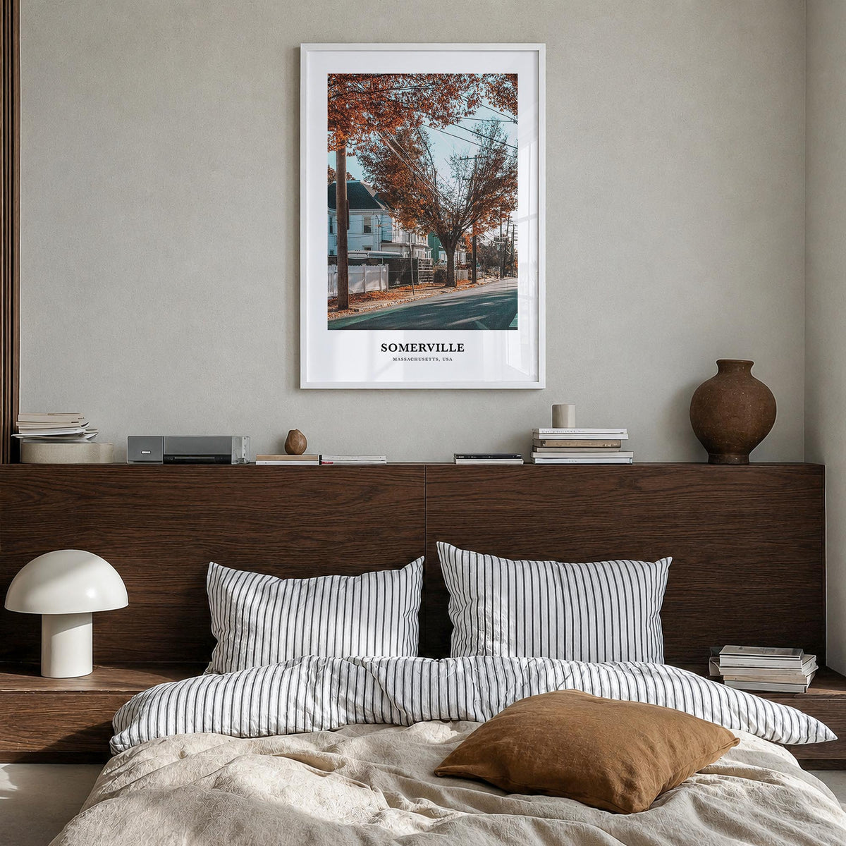 Somerville colorful classic poster of Massachusetts, USA – vertical wall art in white wood frame, hanging on wall