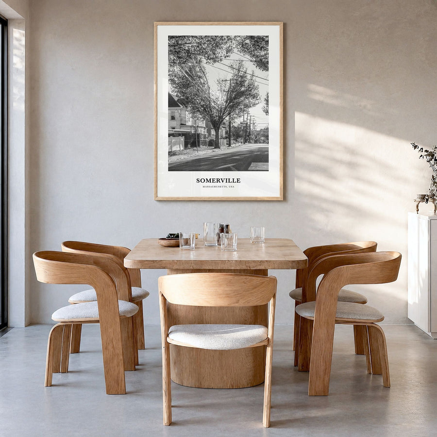 Somerville Classic Poster in a natural wood frame, hanging in a dining room