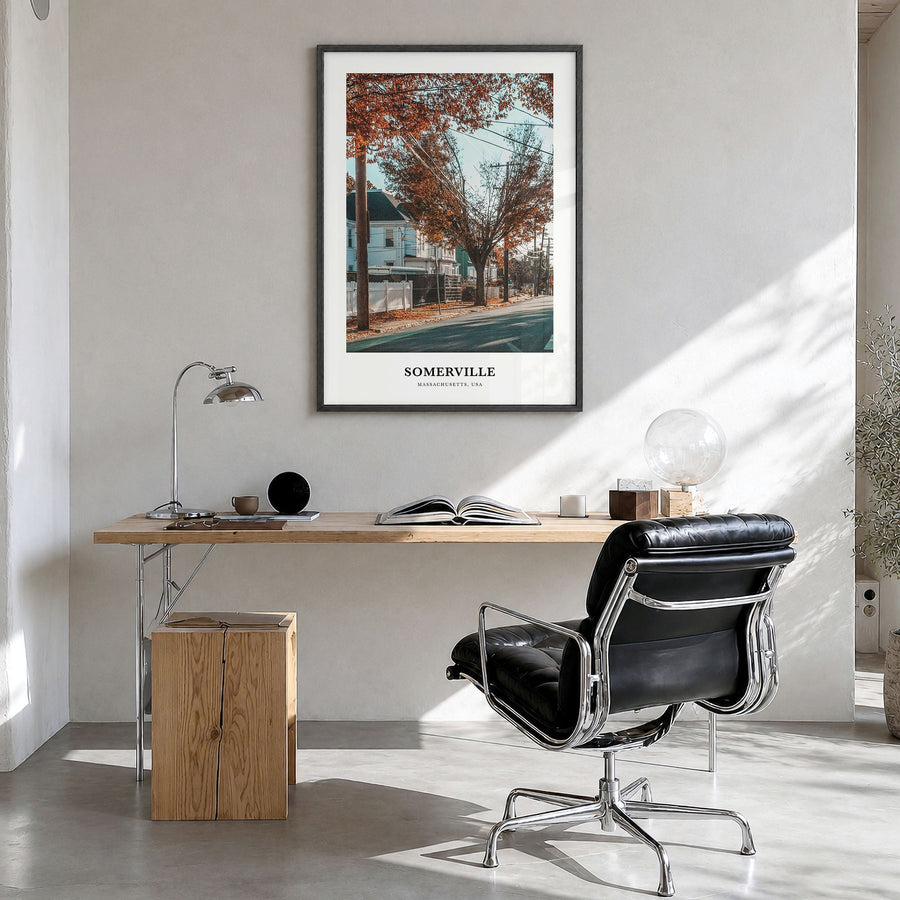 Somerville Classic Poster in a black wood frame, hanging in a bright home office