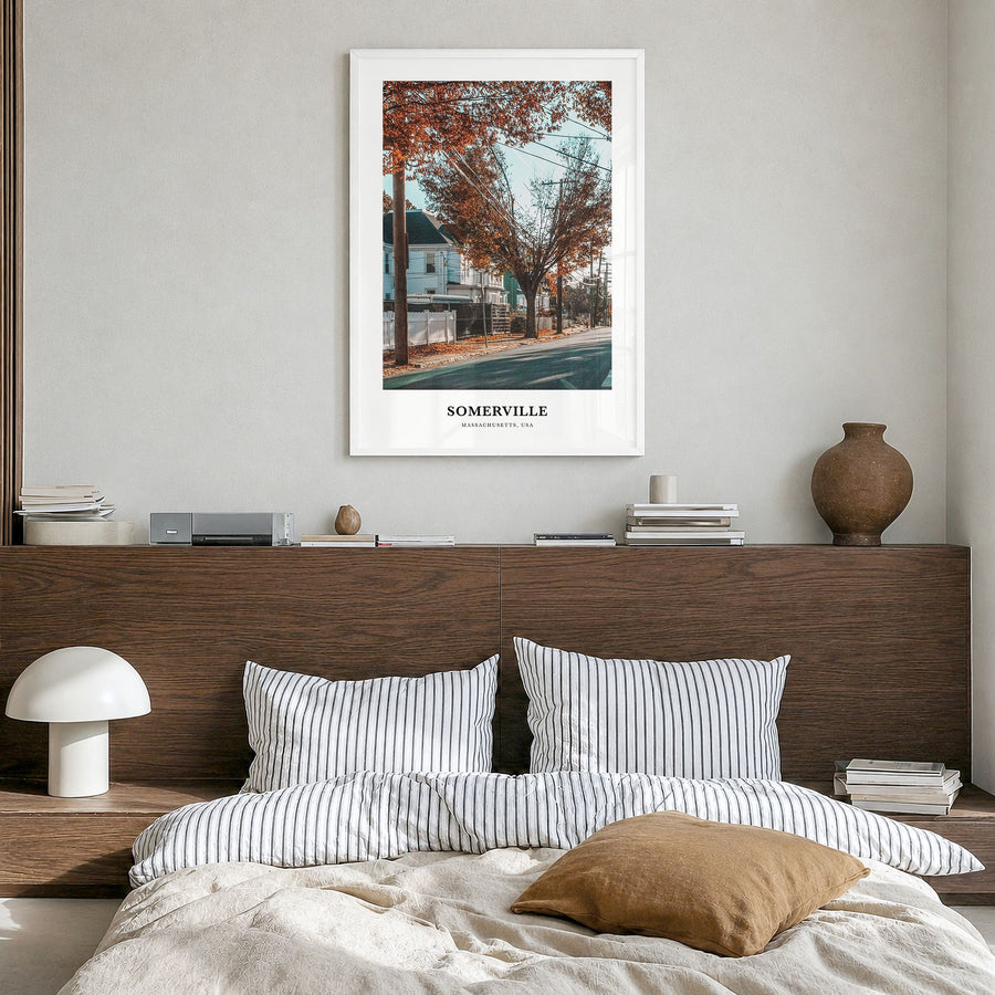 Somerville Classic Poster in a white wood frame, hanging in a bedroom