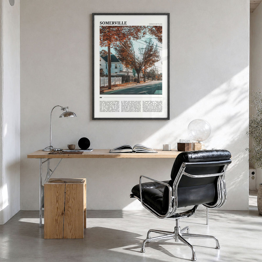 Somerville Travel Poster in a black wood frame, hanging in a bright home office