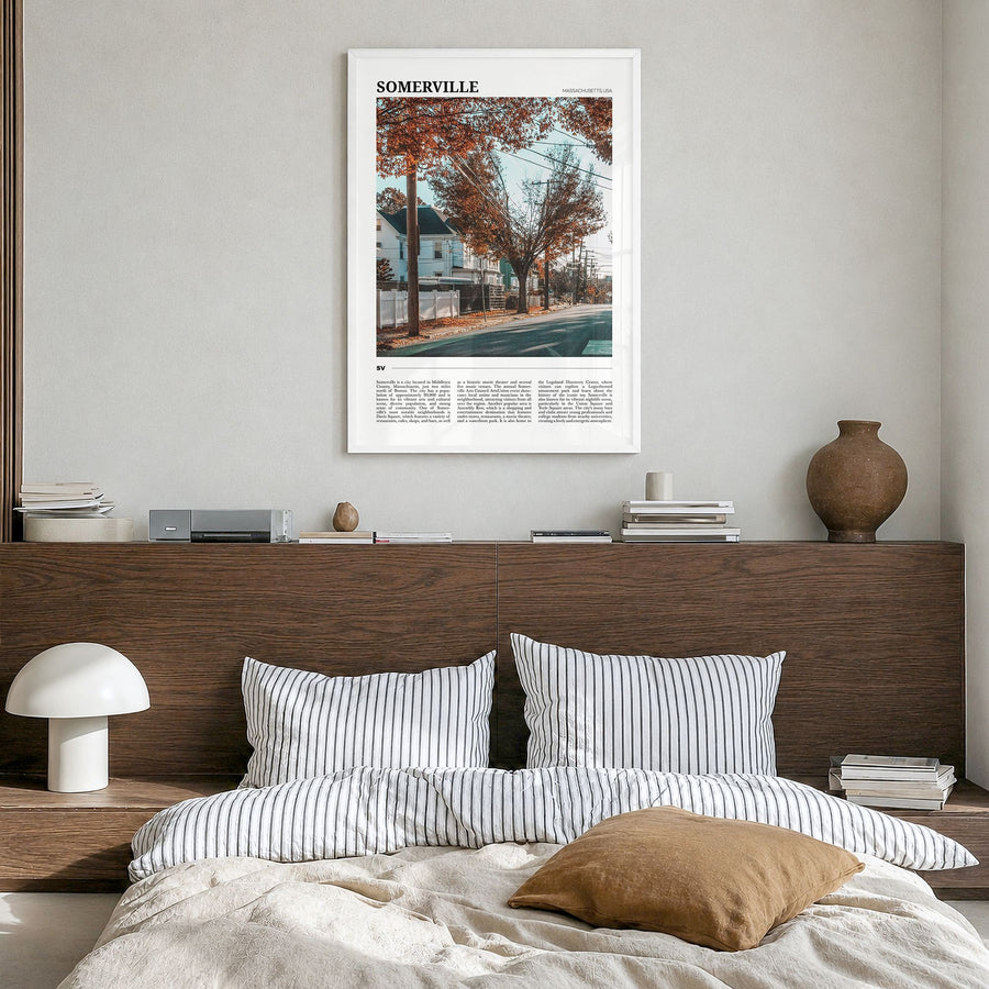 Somerville Travel Poster in a white wood frame, hanging in a bedroom
