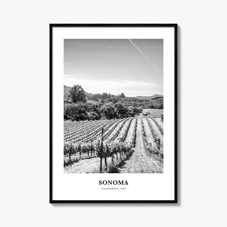 Sonoma black & white classic poster of California, USA – vertical wall art, unframed print shown in interior mockup