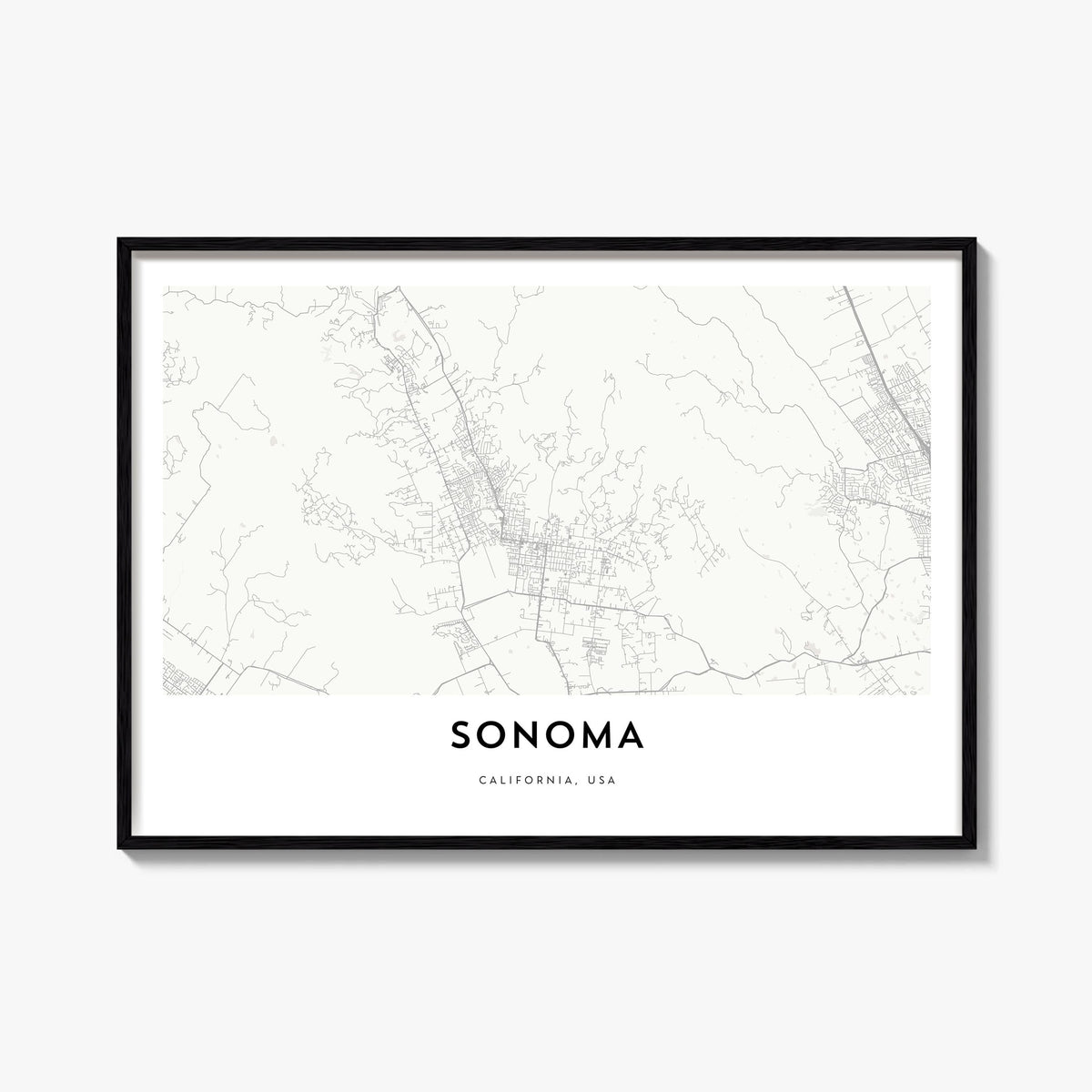 Sonoma black & white map poster of California, USA – horizontal wall art, unframed print shown in interior mockup