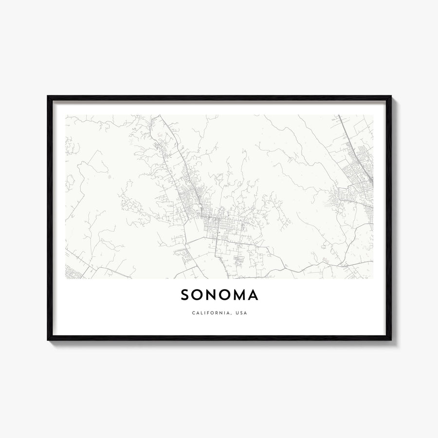 Sonoma black & white map poster of California, USA – horizontal wall art, unframed print shown in interior mockup