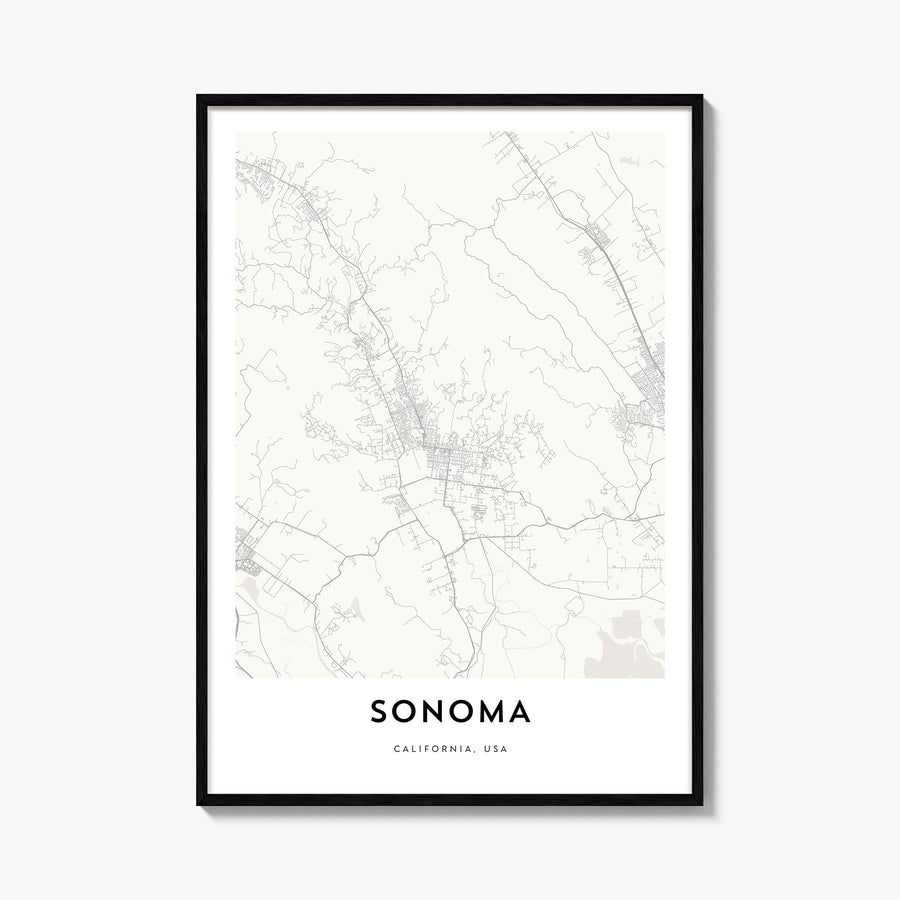 Sonoma black & white map poster of California, USA – vertical wall art, unframed print shown in interior mockup