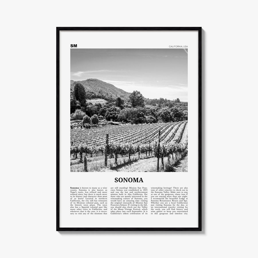 Sonoma black & white newspaper poster of California, USA – vertical wall art, unframed print shown in interior mockup