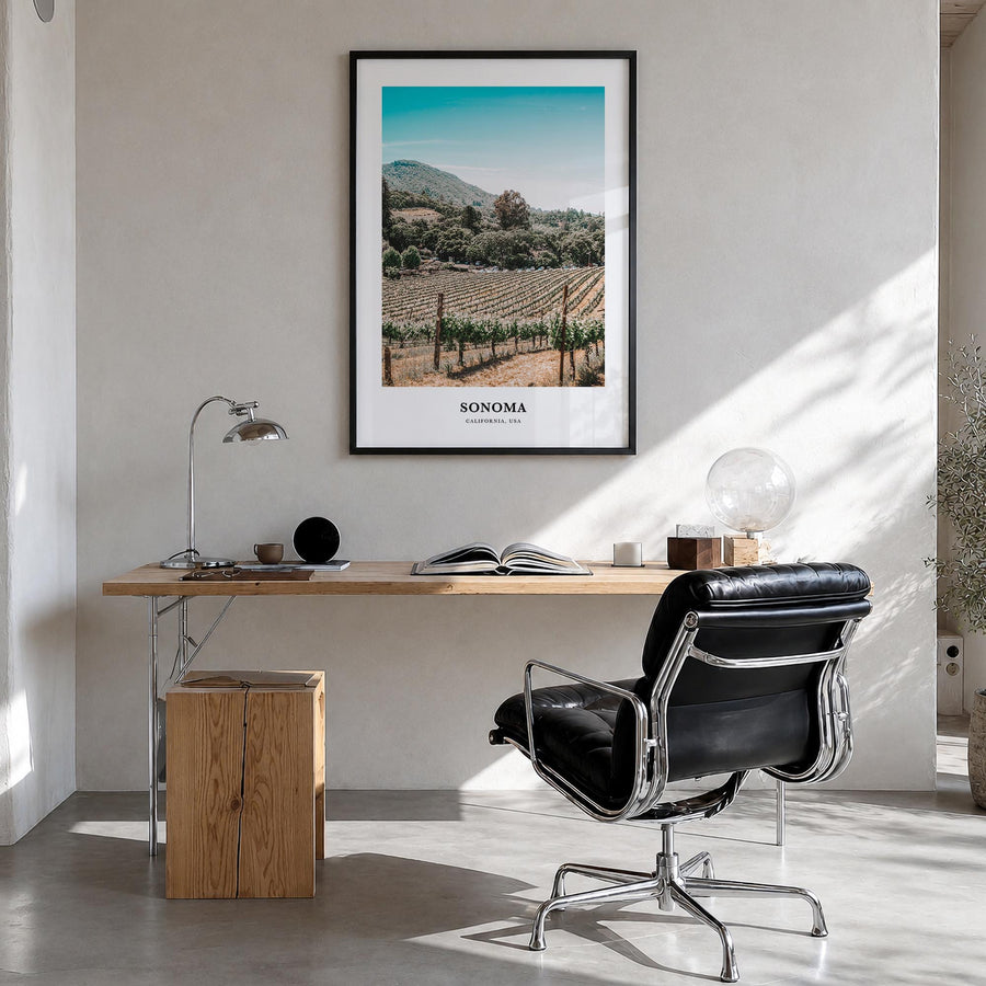 Sonoma colorful classic poster of California, USA – vertical wall art in black wood frame, hanging on wall