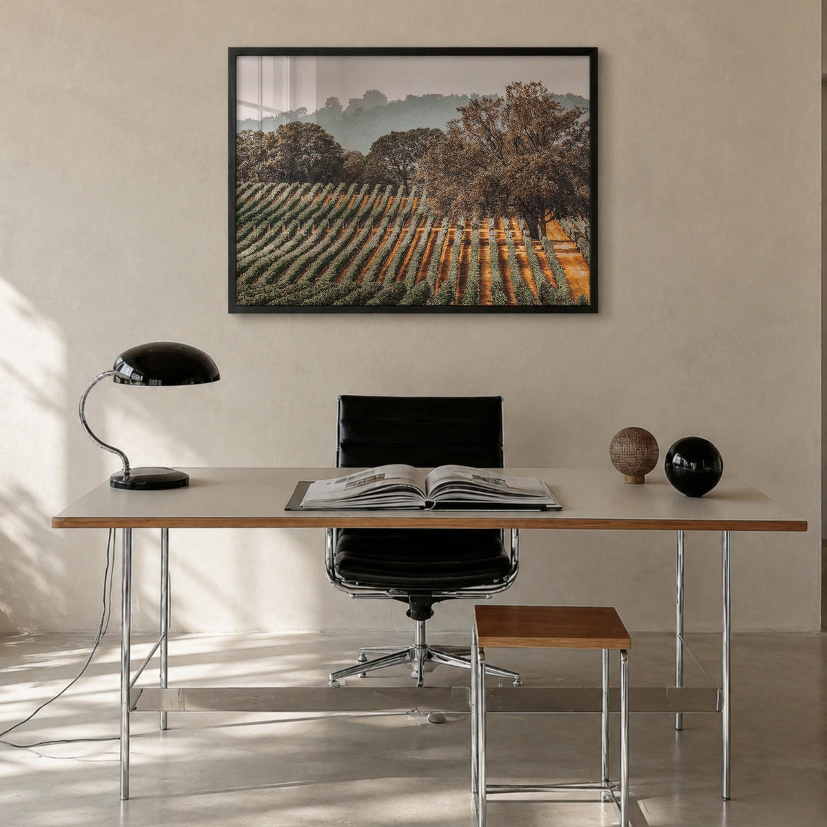 Sonoma colorful photo poster of California, USA – horizontal wall art in black wood frame, hanging on wall