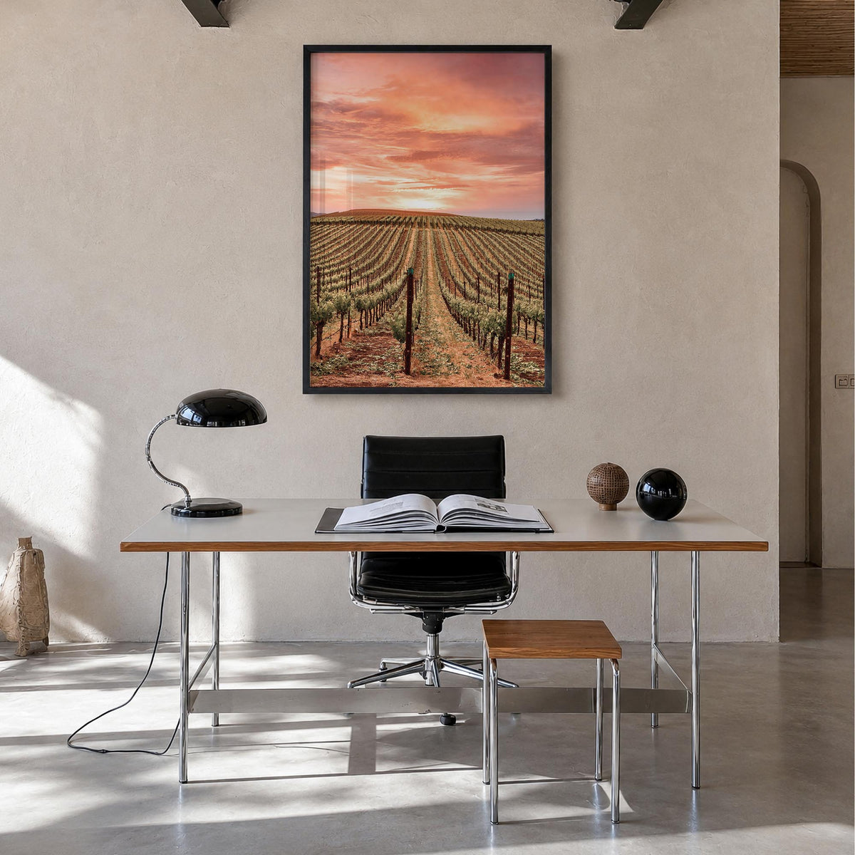 Sonoma colorful photo poster of California, USA – vertical wall art in black wood frame, hanging on wall