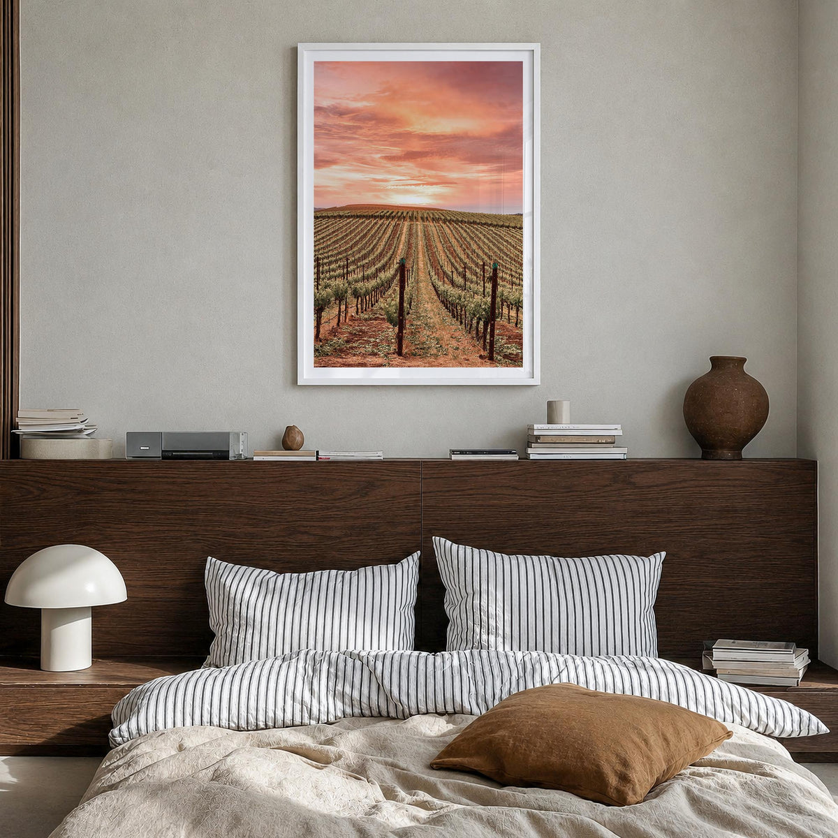 Sonoma colorful photo poster of California, USA – vertical wall art in white wood frame with white border, hanging on wall