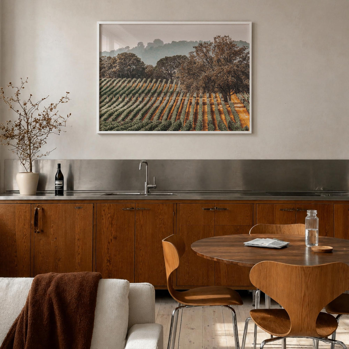Sonoma colorful photo poster of California, USA – horizontal wall art in white wood frame, hanging on wall