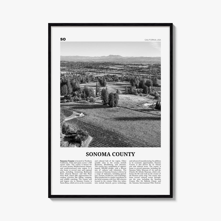 Sonoma County black & white newspaper poster of California, USA – vertical wall art, unframed print shown in interior mockup