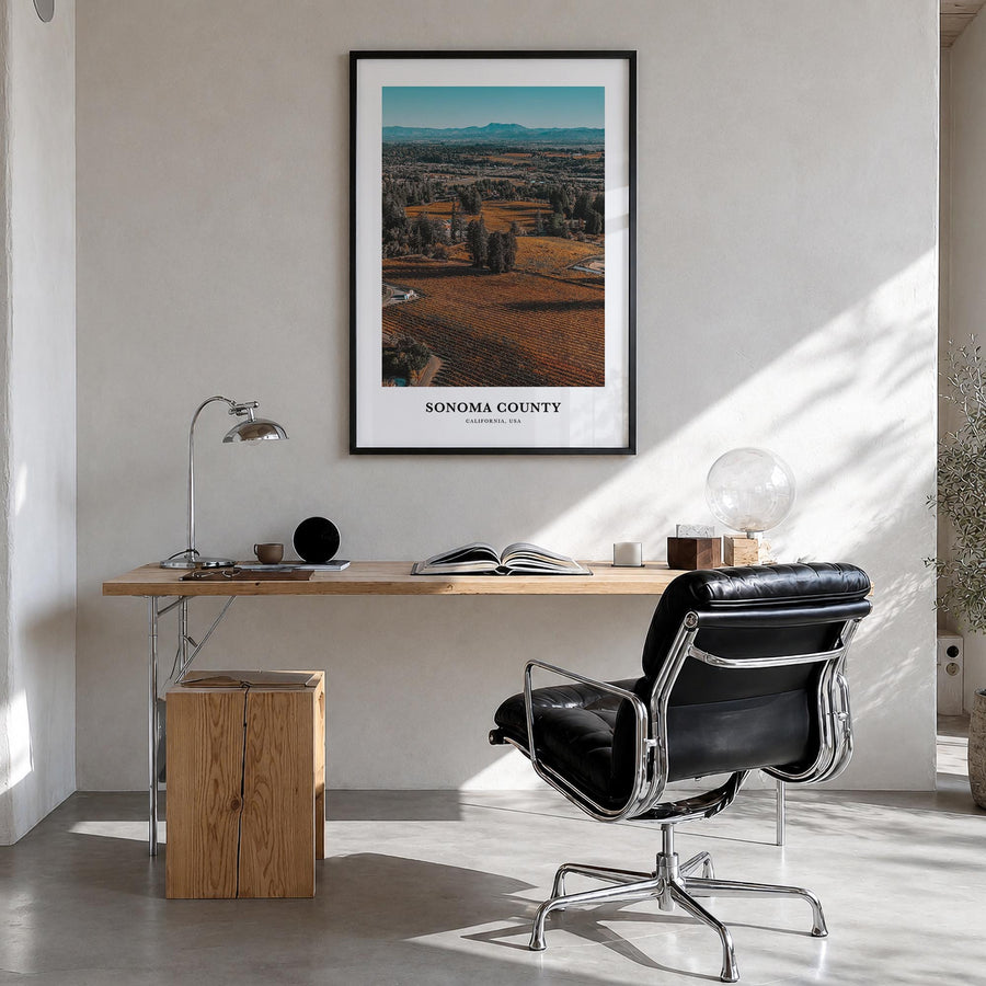 Sonoma County colorful classic poster of California, USA – vertical wall art in black wood frame, hanging on wall