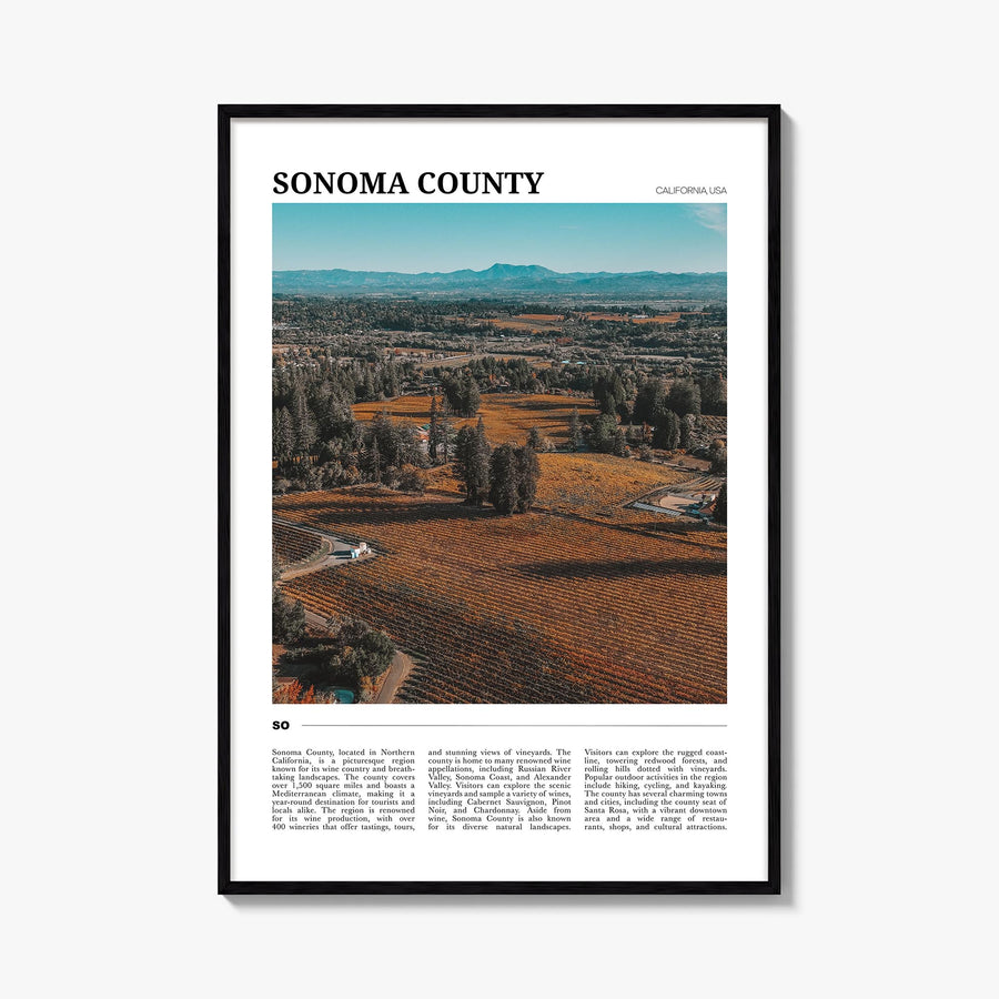 Sonoma County colorful travel poster of California, USA – vertical wall art, unframed print shown in interior mockup