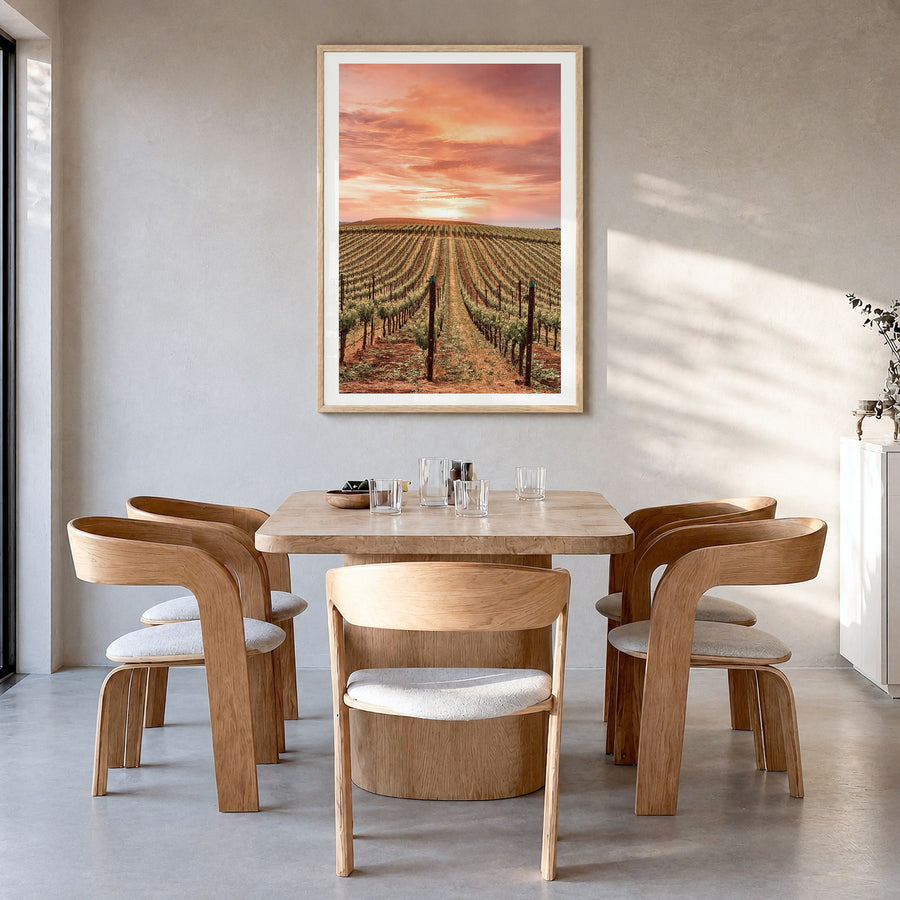 Sonoma Photo Poster in a natural wood frame, hanging in a dining room, white border
