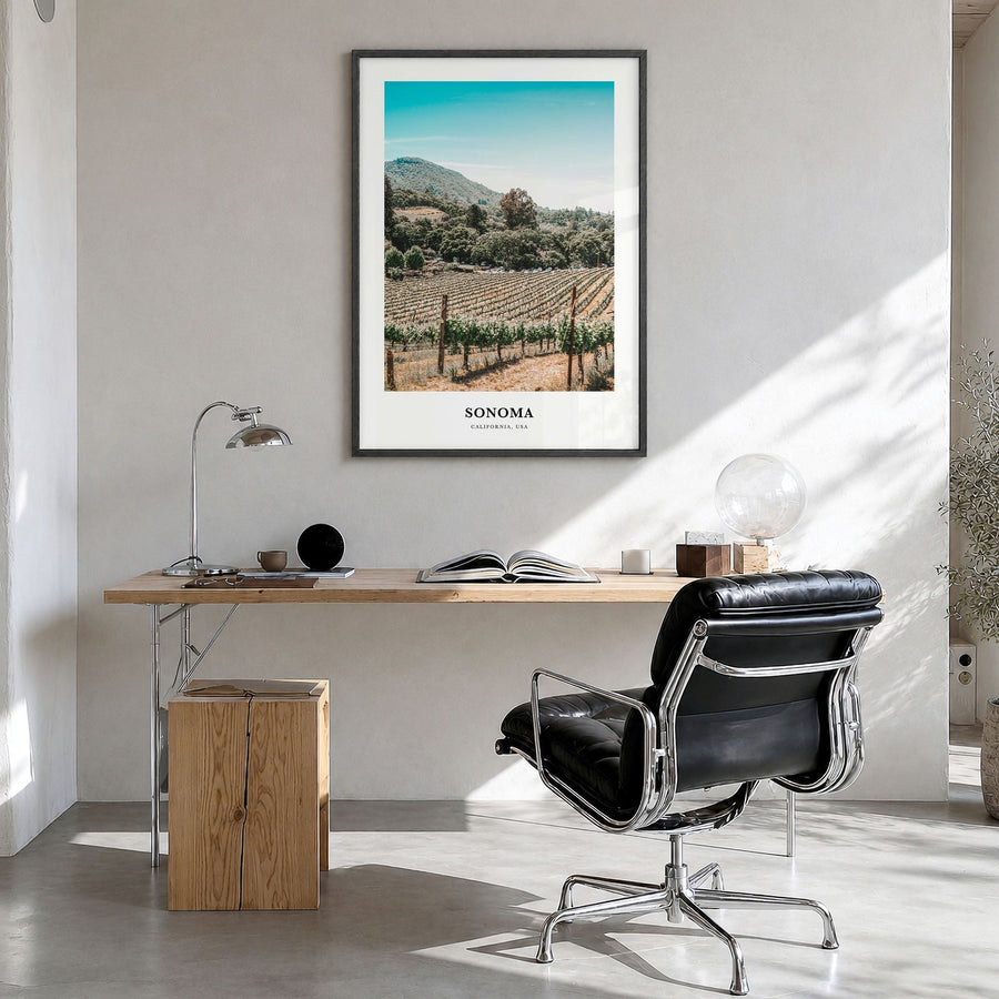 Sonoma Classic Poster in a black wood frame, hanging in a bright home office