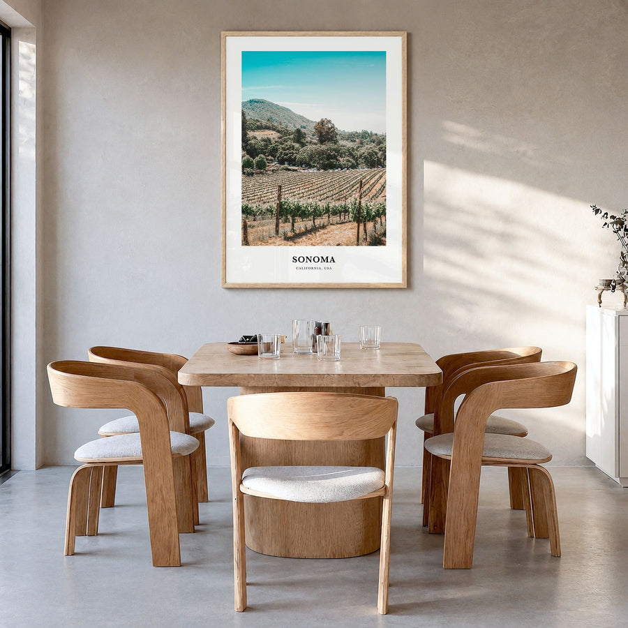 Sonoma Classic Poster in a natural wood frame, hanging in a dining room