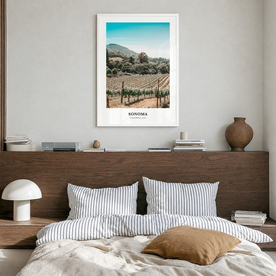 Sonoma Classic Poster in a white wood frame, hanging in a bedroom