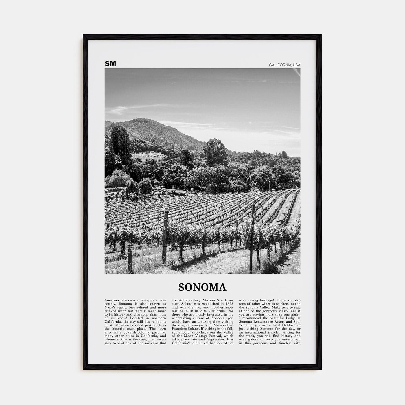 Sonoma Poster Black Wood / 8x12 in Nbourhood Travel B&W Poster