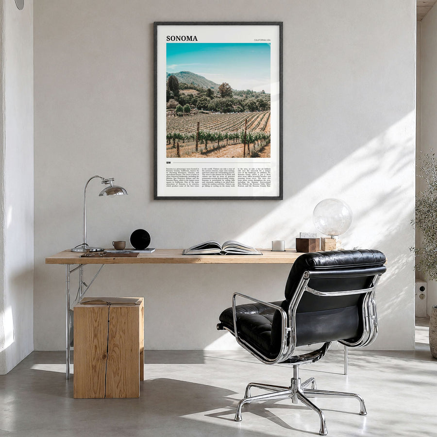 Sonoma Travel Poster in a black wood frame, hanging in a bright home office