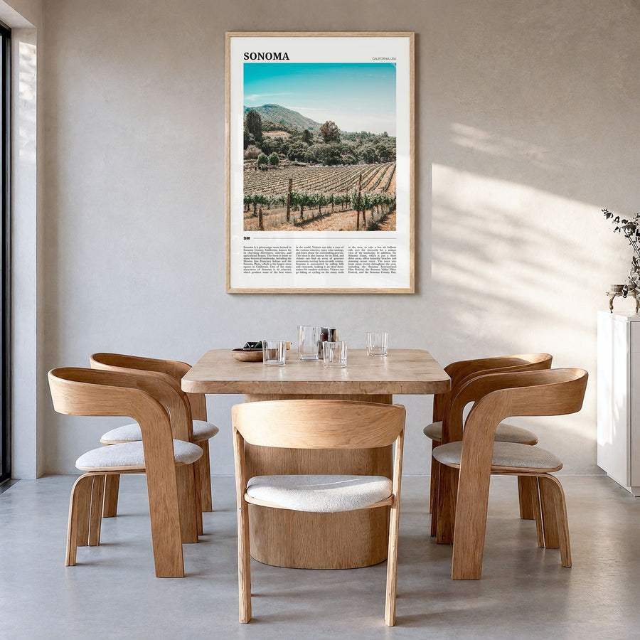 Sonoma Travel Poster in a natural wood frame, hanging in a dining room