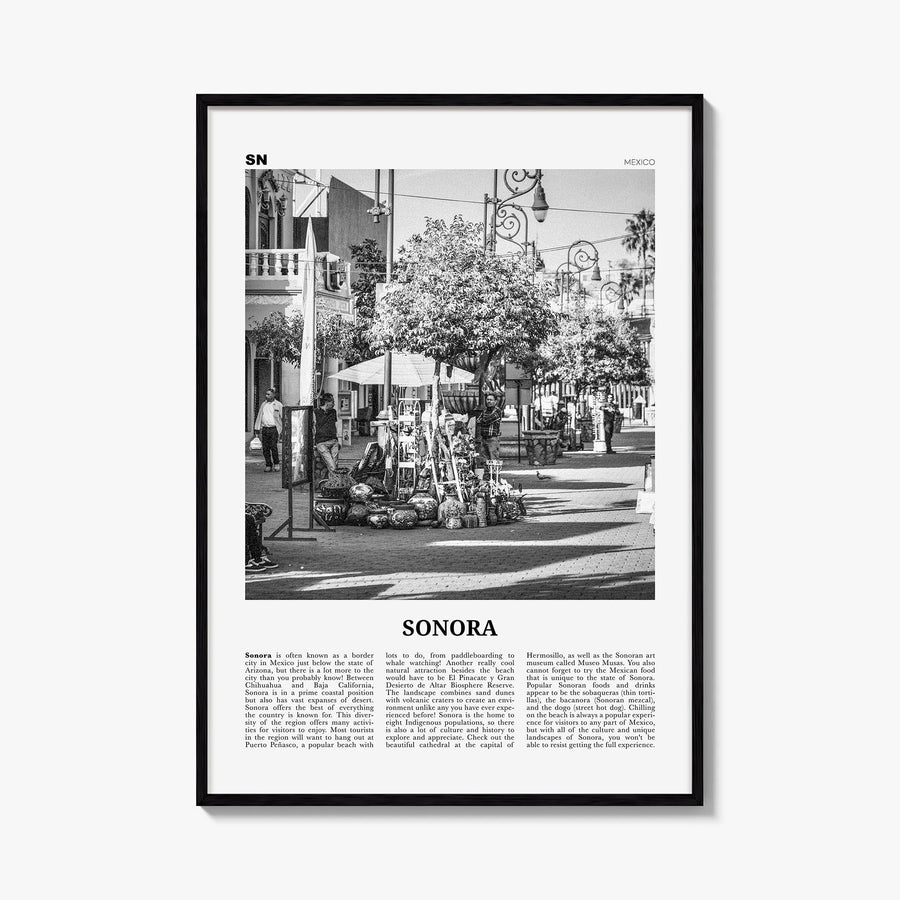 Sonora black & white newspaper poster of Mexico – vertical wall art, unframed print shown in interior mockup