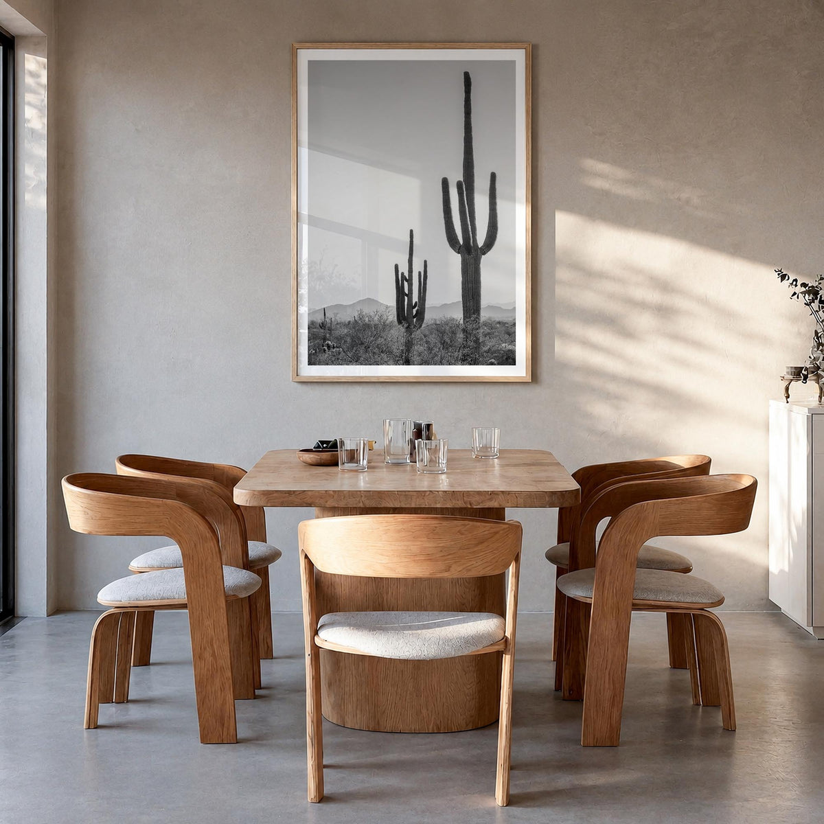 Sonora black & white photo poster of Mexico – vertical wall art in natural wood frame with white border, hanging on wall