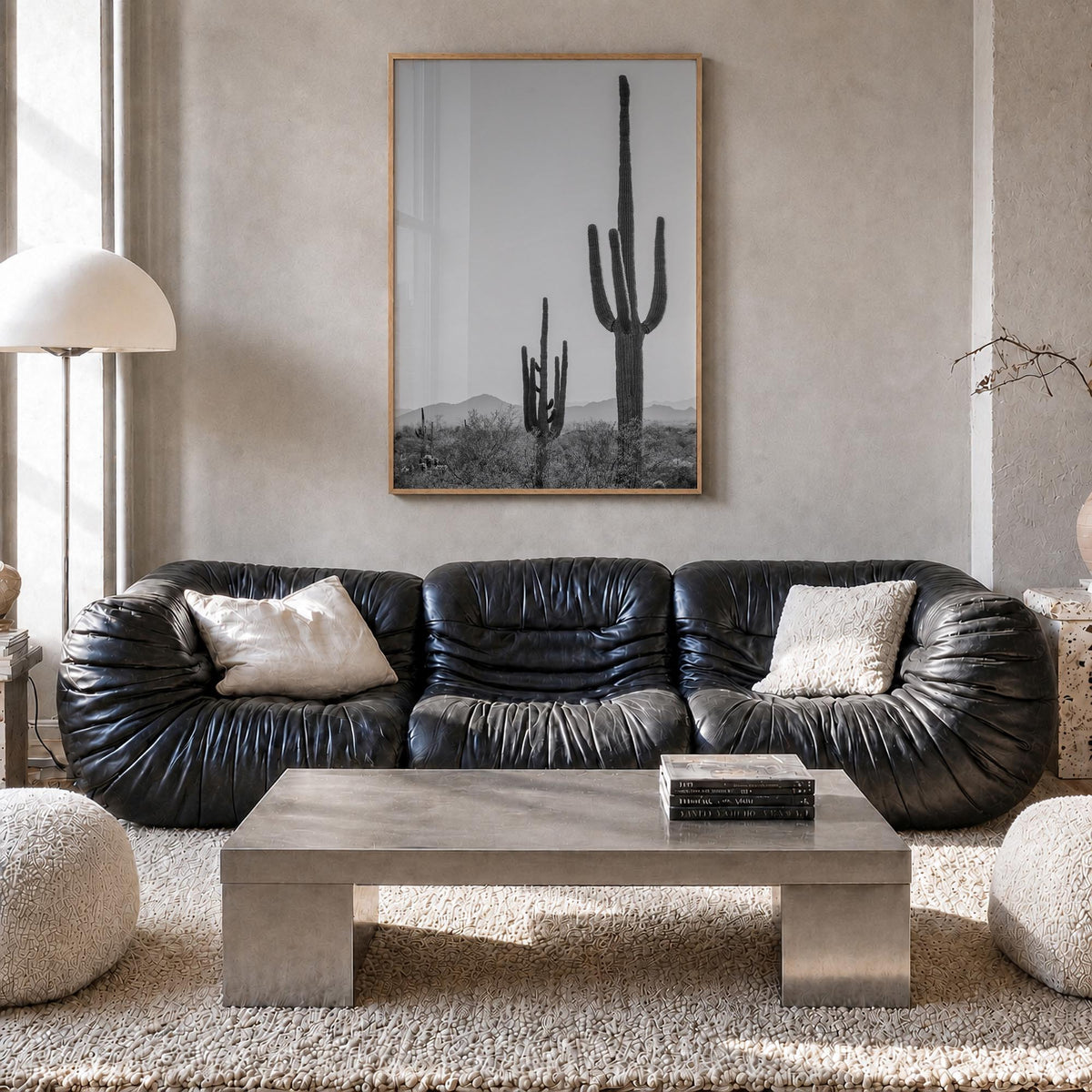 Sonora black & white photo poster of Mexico – vertical wall art in natural wood frame, hanging on wall