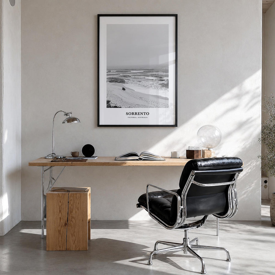 Sorrento, Australia black & white classic poster of Australia – vertical wall art in black wood frame, hanging on wall