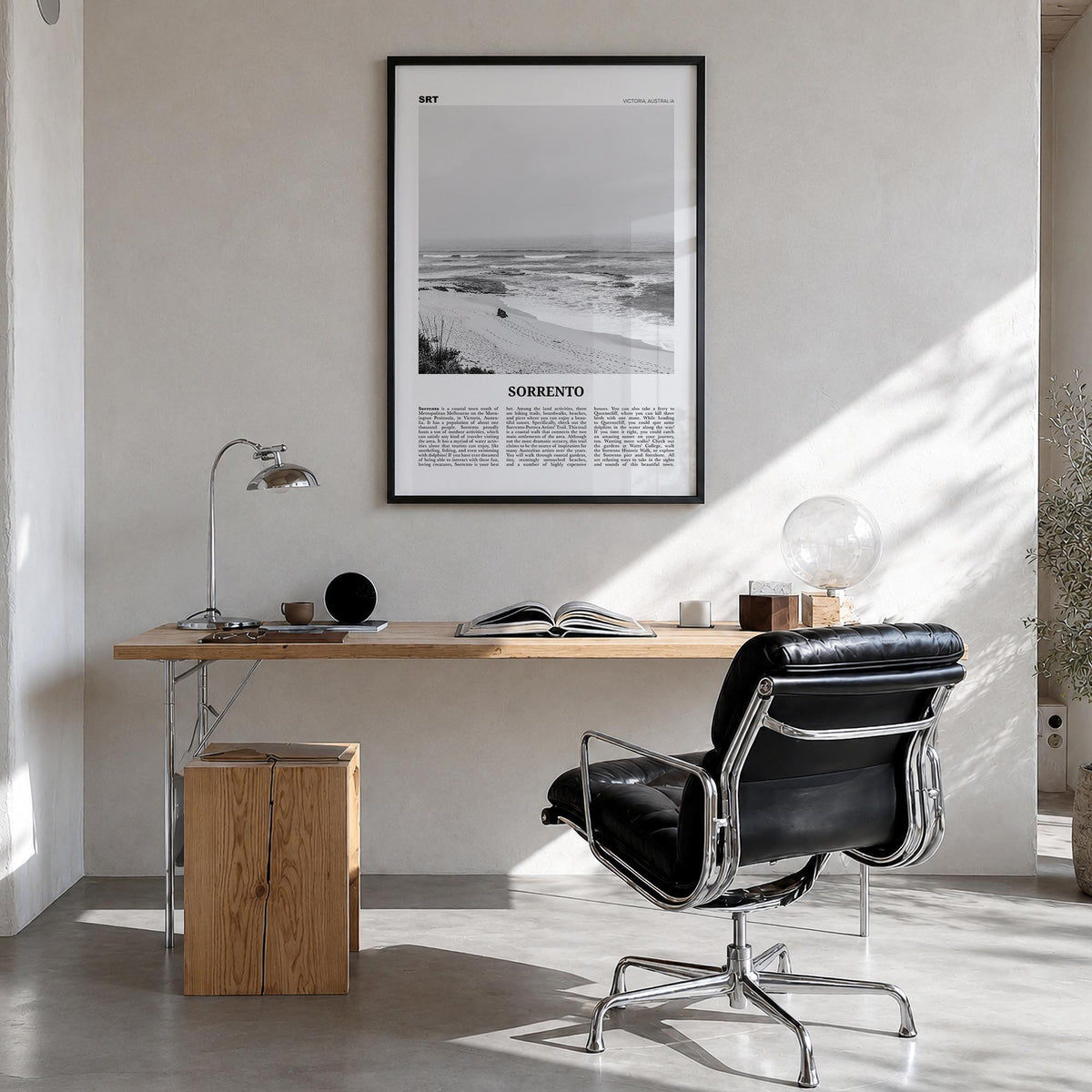 Sorrento, Australia black & white newspaper poster of Australia – vertical wall art in black wood frame, hanging on wall