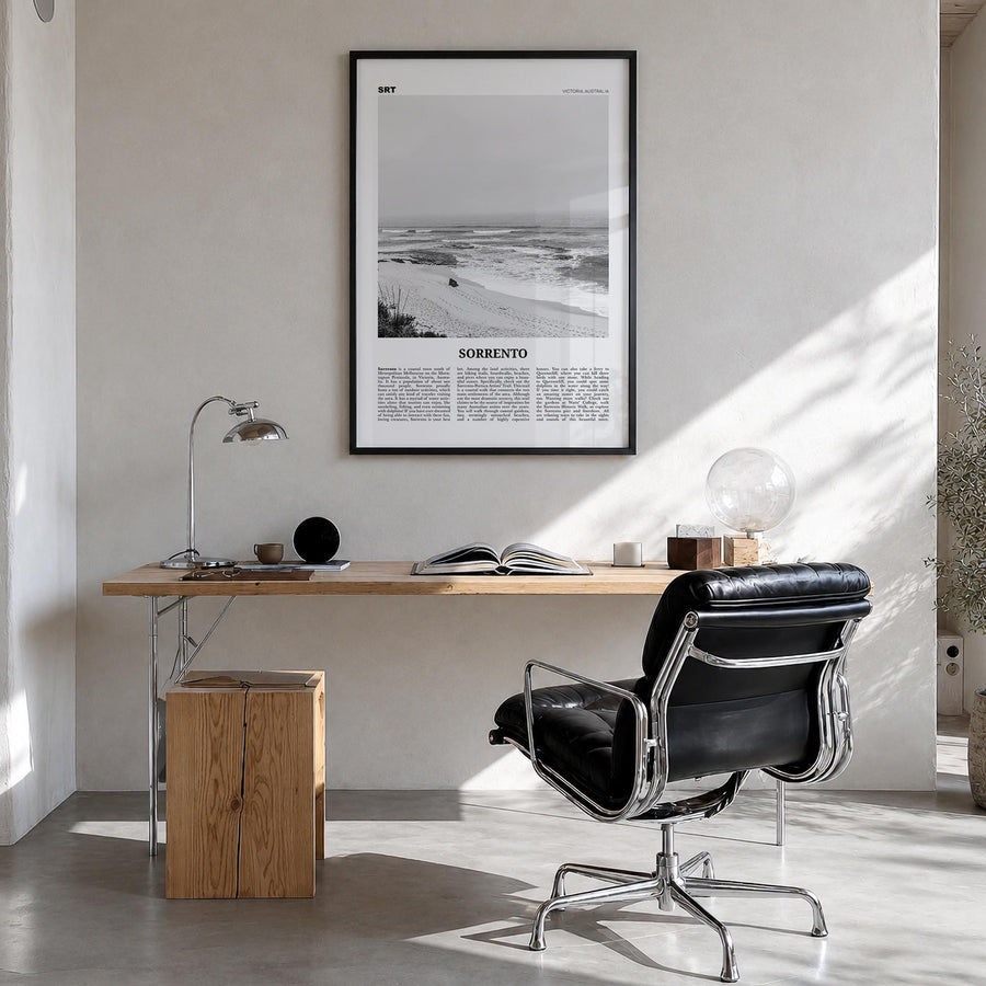 Sorrento, Australia black & white newspaper poster of Australia – vertical wall art in black wood frame, hanging on wall