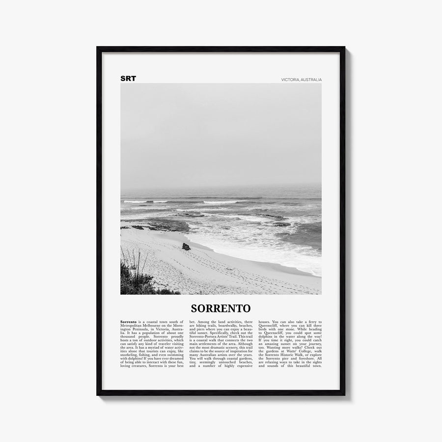 Sorrento, Australia black & white newspaper poster of Australia – vertical wall art, unframed print shown in interior mockup