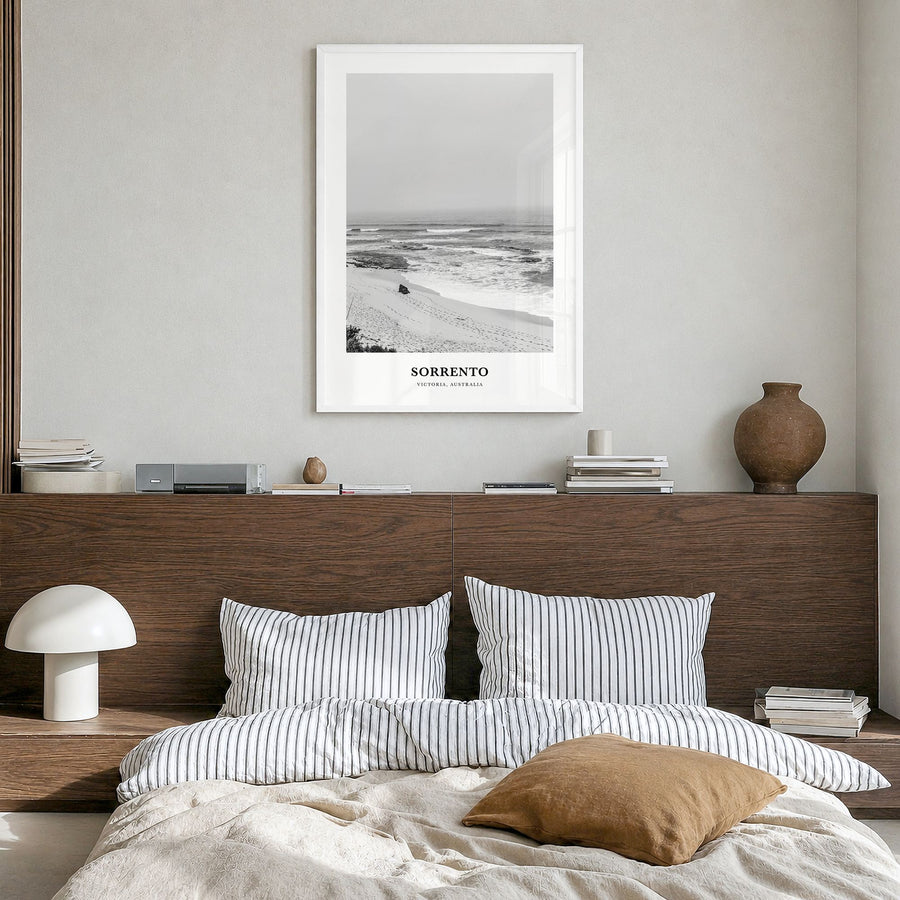 Sorrento, Australia Classic Poster in a white wood frame, hanging in a bedroom