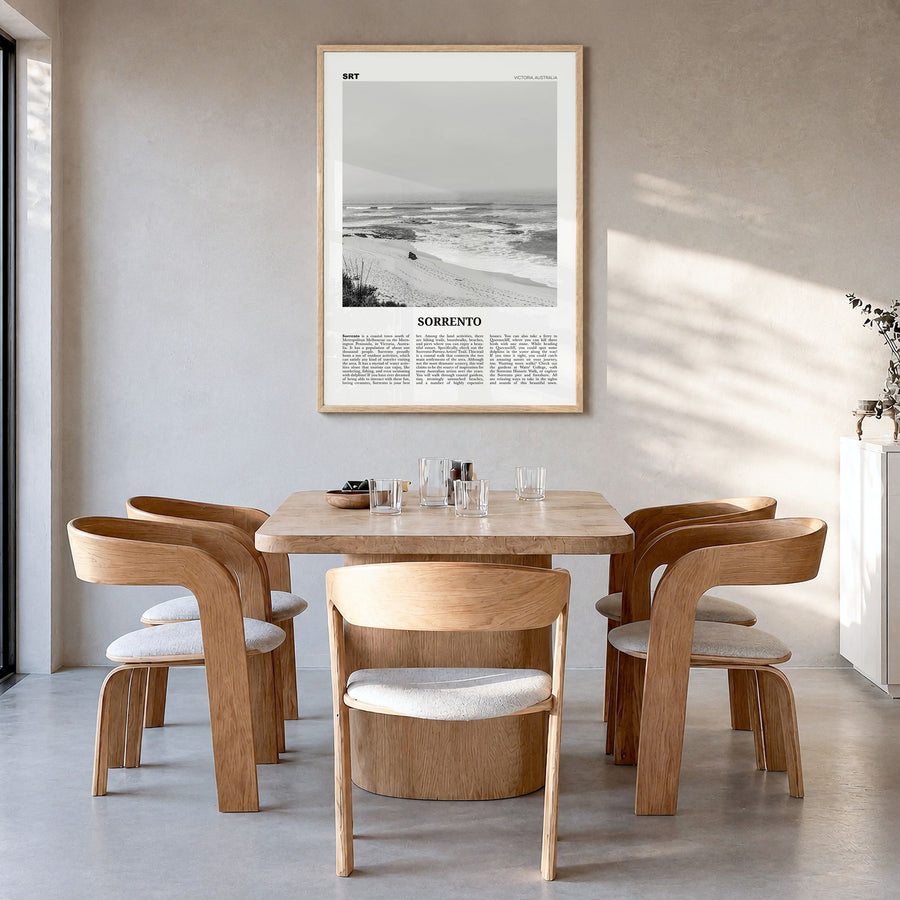 Sorrento, Australia Newspaper Poster in a natural wood frame, hanging in a dining room