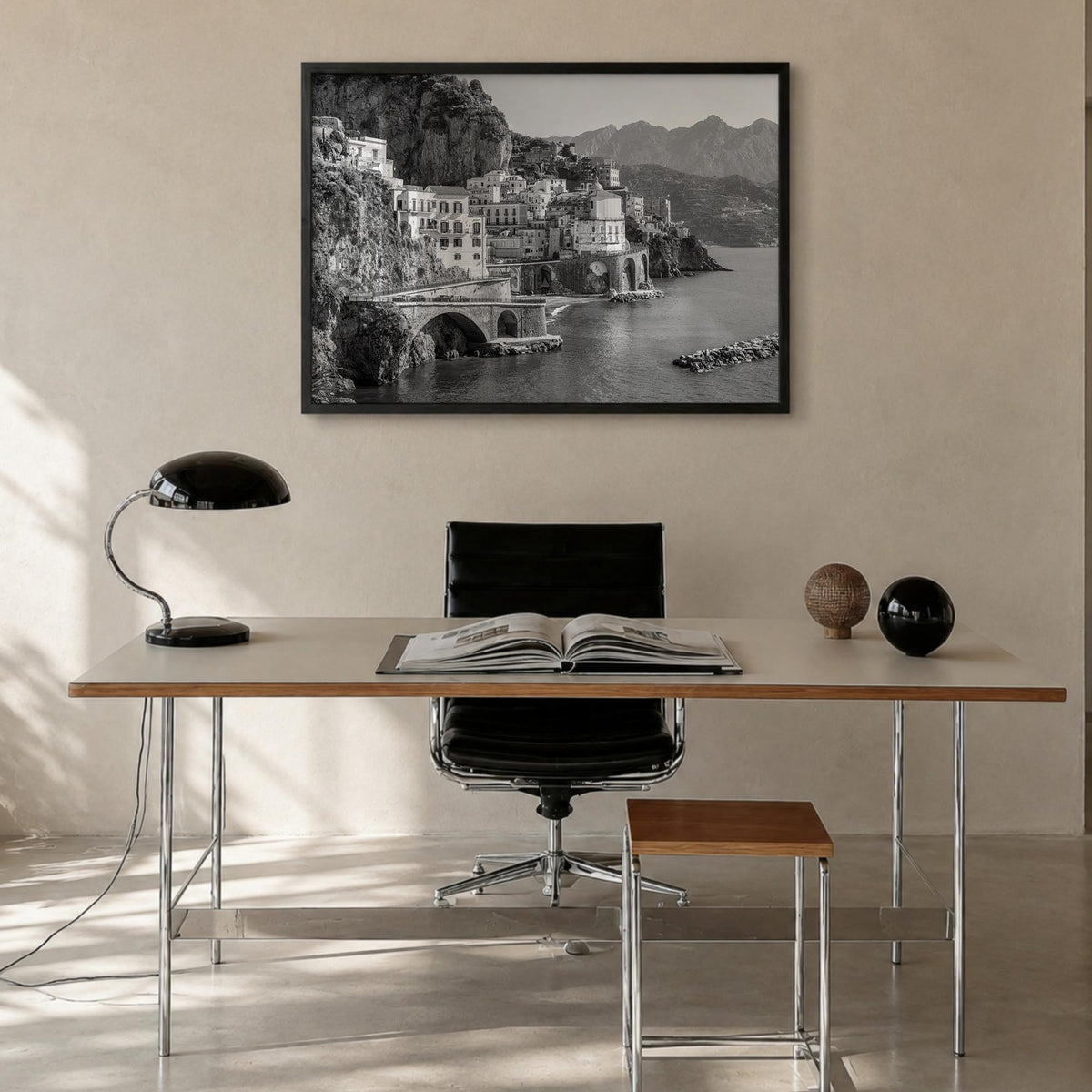 Sorrento, Italy black & white photo poster of Italy – horizontal wall art in black wood frame, hanging on wall
