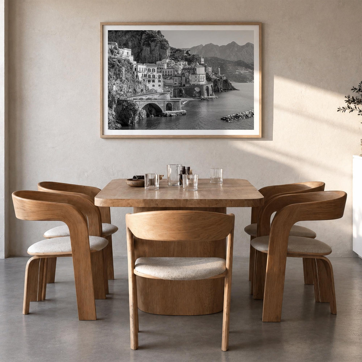 Sorrento, Italy black & white photo poster of Italy – horizontal wall art in natural wood frame with white border, hanging on